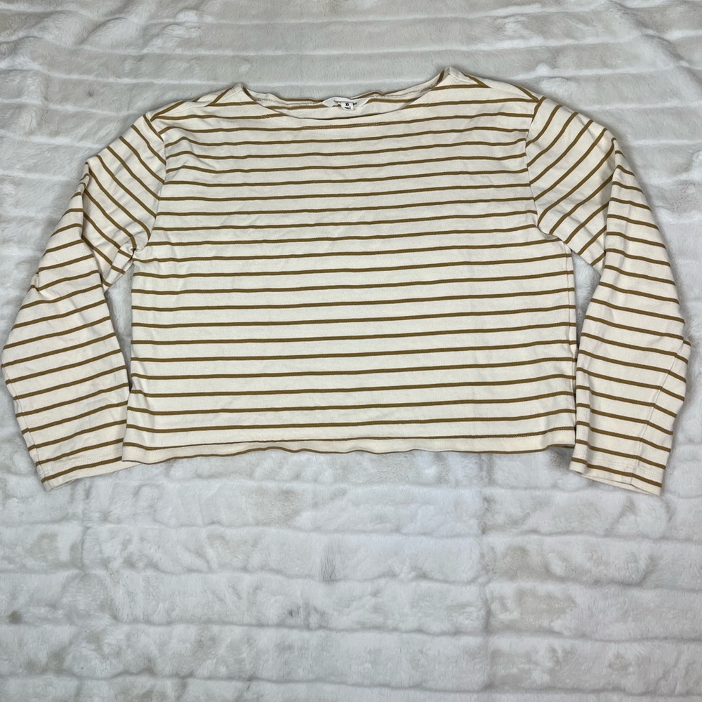 Lucky Brand XS Cream Tan Stripe Crop Long Sleeve Preppy Classic School Loose Tee